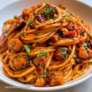 Eggplant Tomato Basil Pasta for 4 Servings Recipe Card