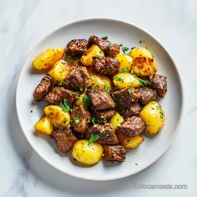 Garlic Butter Steak Bites with Potatoes for 4 Servings Recipe Card