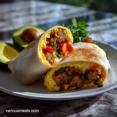 Make Ahead Breakfast Burrito for Meal Prep with Sausage and Eggs - Freezer-Friendly Recipe Card
