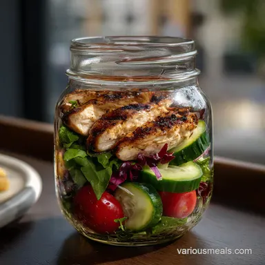 Mason Jar Salad Recipe for Busy Professionals with Grilled Chicken Recipe Card