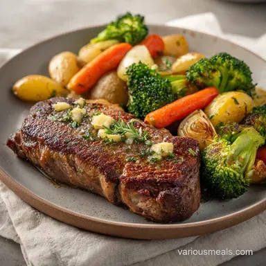 Pan Seared Steak with Roasted Vegetables for 4 Recipe Card