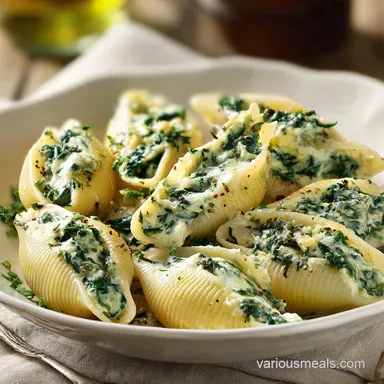 Spinach Stuffed Shells with White Sauce | 50 Min Recipe Card