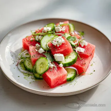 SIMPLE Watermelon Cucumber Feta Salad in 15 Minutes Recipe Card