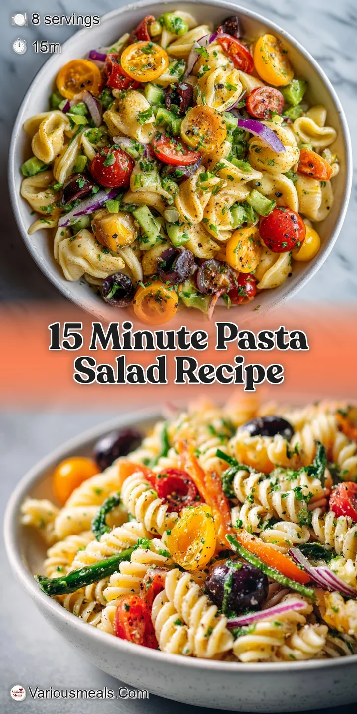 Close-up of glistening pasta salad with bright veggies, herbs, and a tangy Italian dressing. A colorful and appetizing meal.
