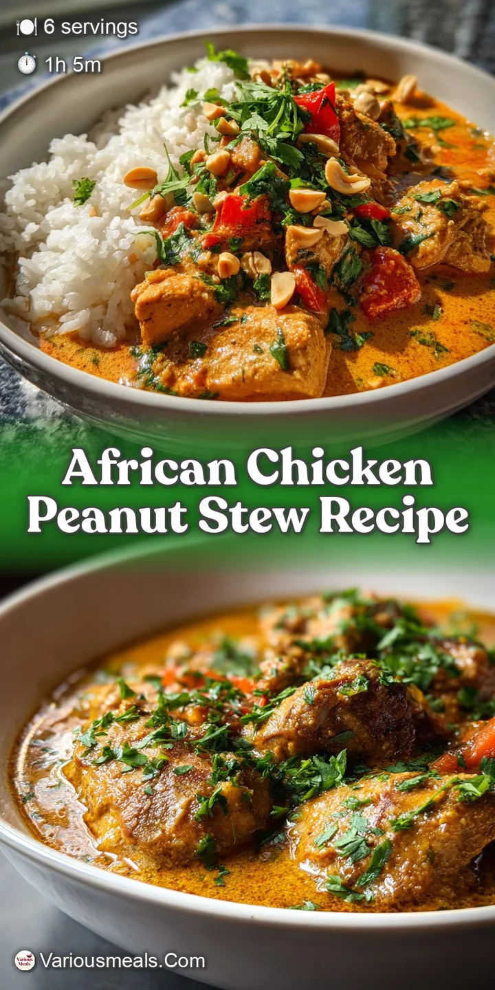 Close-up reveals tender chicken and soft sweet potato in a thick, glossy peanut sauce. Aromatic steam rises from the heart...
