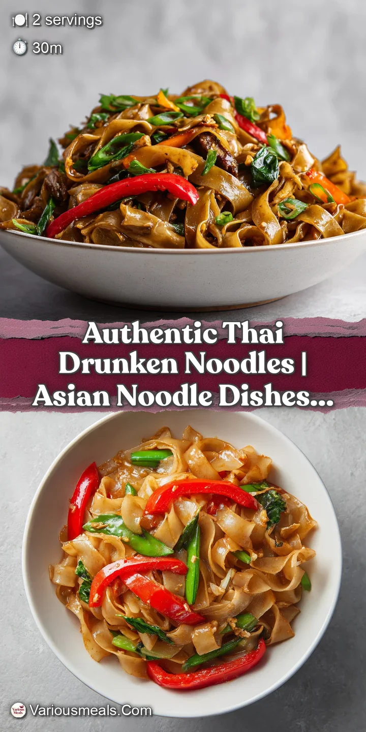 Close-up of glistening wide rice noodles with tender chicken pieces and bright red chili accents.