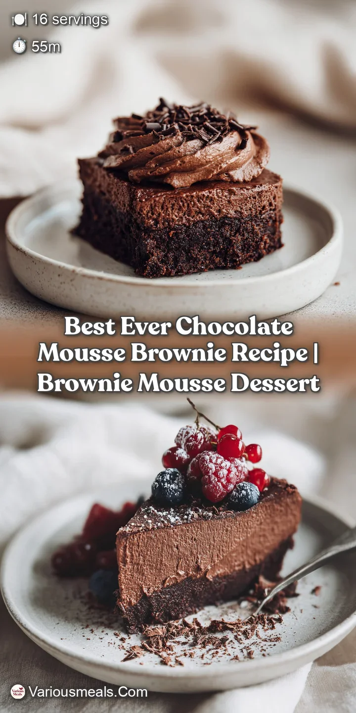 Velvety smooth chocolate mousse crowning a dense, fudgy brownie, showing a rich, dark interior.