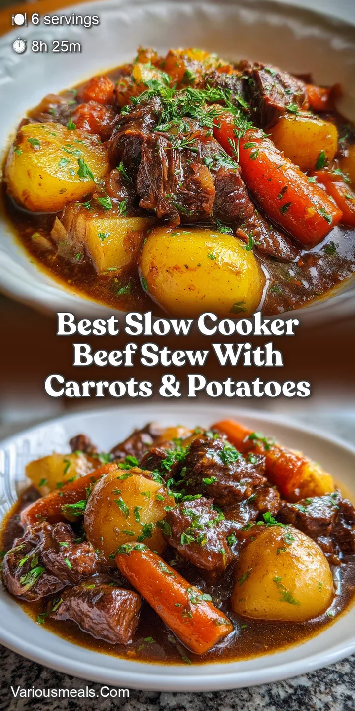 Close-up of glistening beef stew, showcasing the tender beef, vibrant orange carrots, and soft potatoes in a thick, flavor...