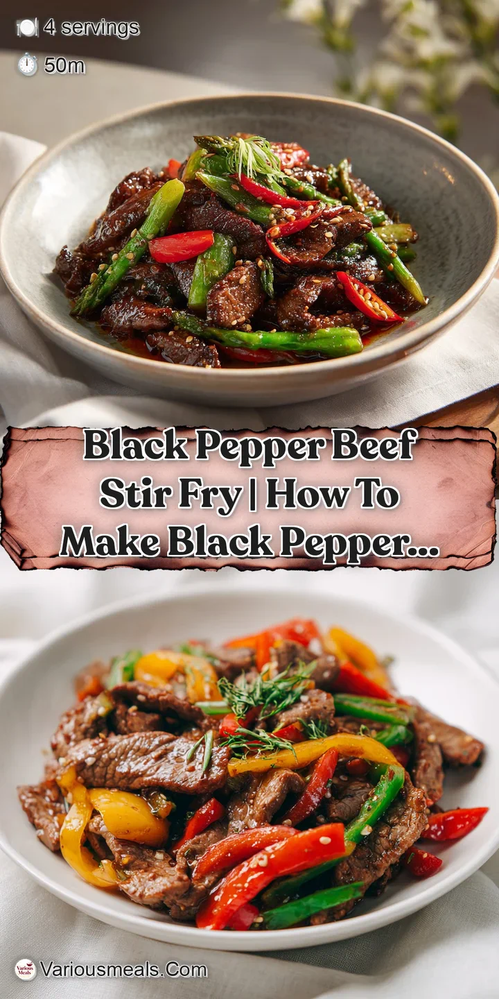Close-up shows juicy, dark brown black pepper beef, flecked with freshly ground pepper, promising a flavorful and aromatic...
