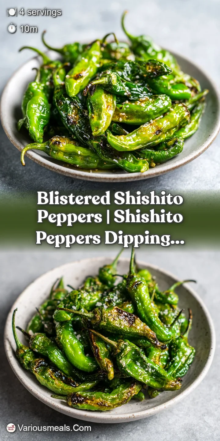 Close-up of charred green peppers with bubbling skin and sparkling salt crystals glistening in warm oil.