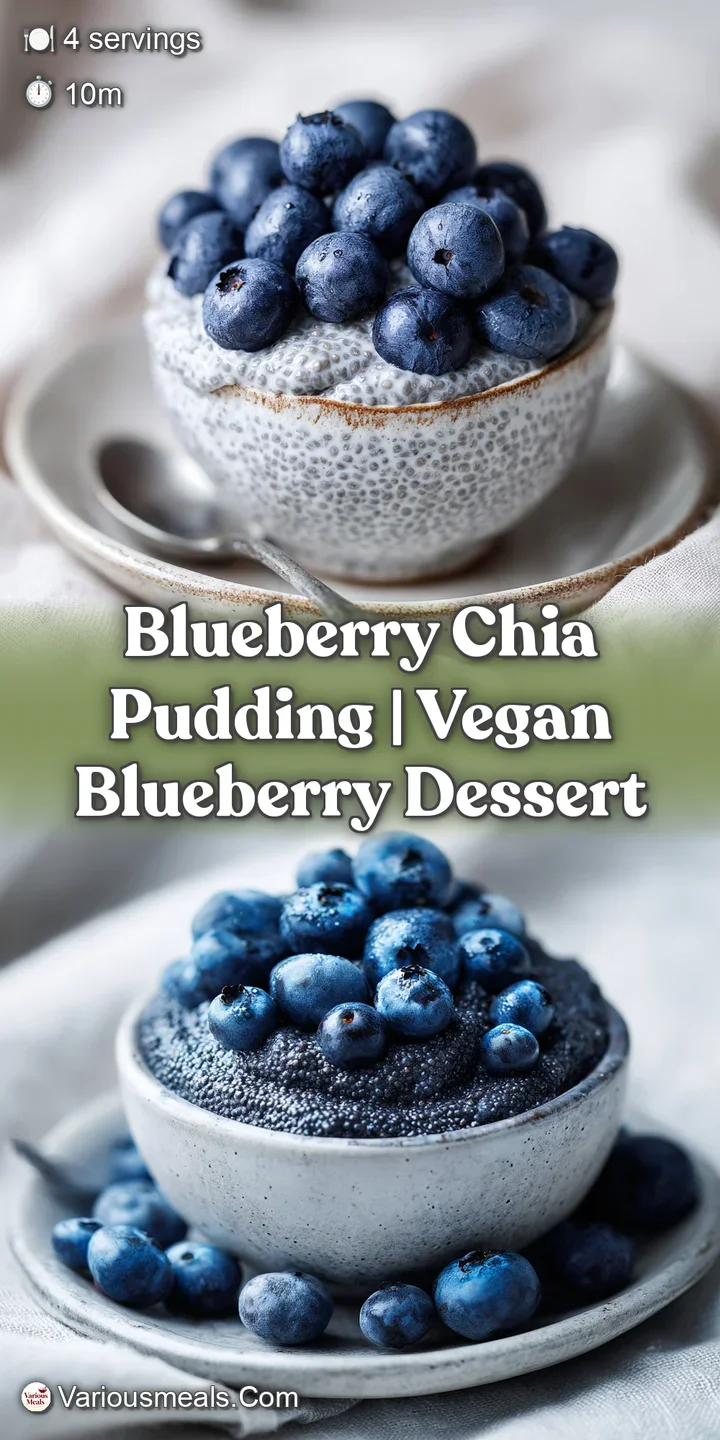 Close-up of tiny chia seeds in creamy white coconut milk swirled with deep purple blueberry jam and fresh berries.