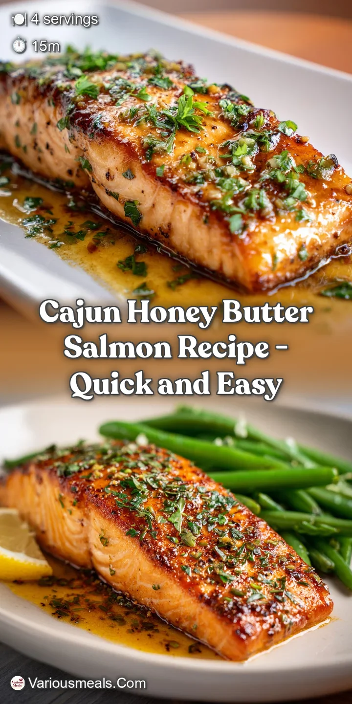 Close-up of a perfectly cooked salmon with Cajun spices, gleaming with honey butter, inviting and delicious.