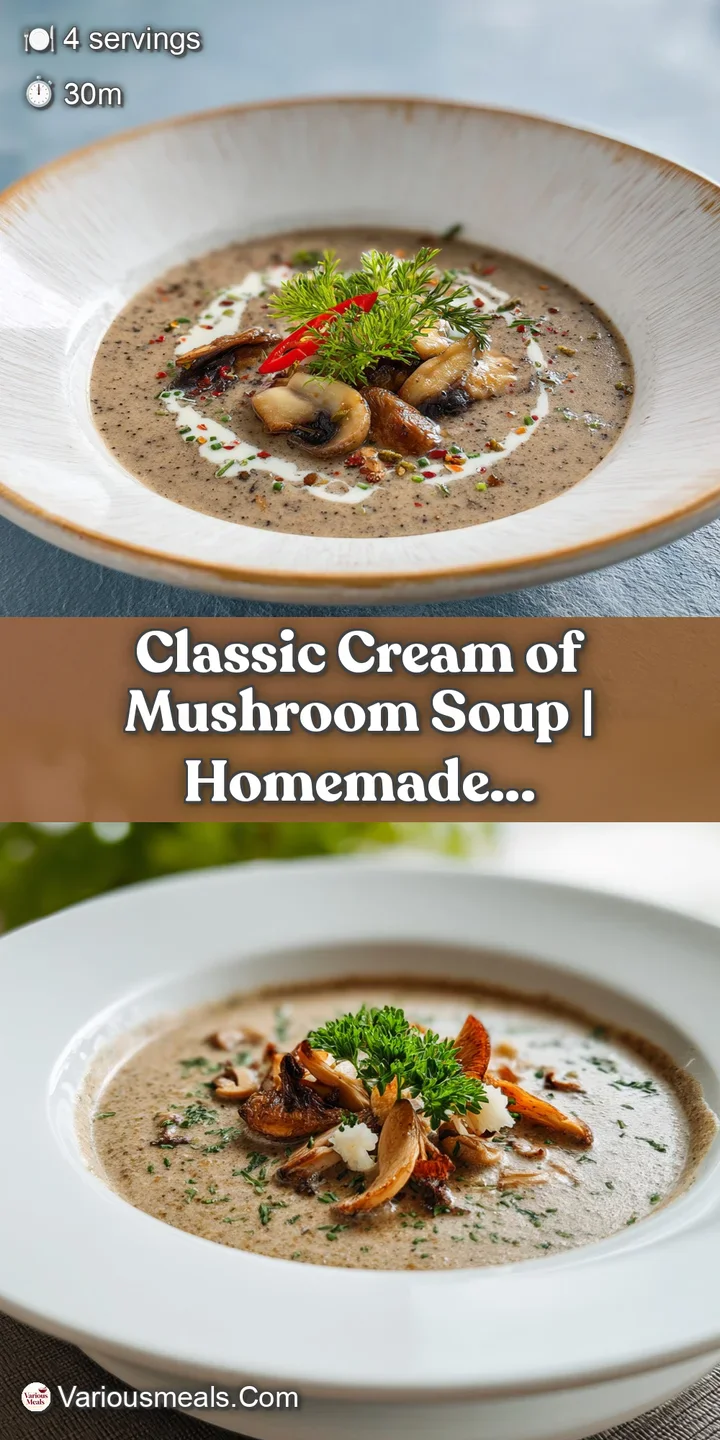 Close-up of rich, velvety mushroom soup with visible mushroom pieces. Herbs add a pop of green to the earthy tones.