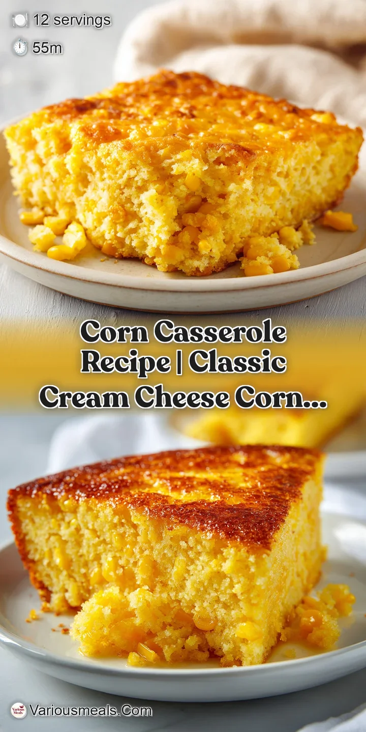 Close-up of creamy corn casserole, showing tender kernels baked into a moist, golden dish.