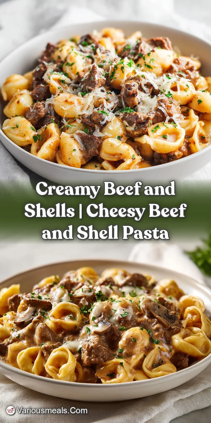 Close-up of tender beef chunks and perfectly cooked pasta shells coated in a velvety, savory sauce.
