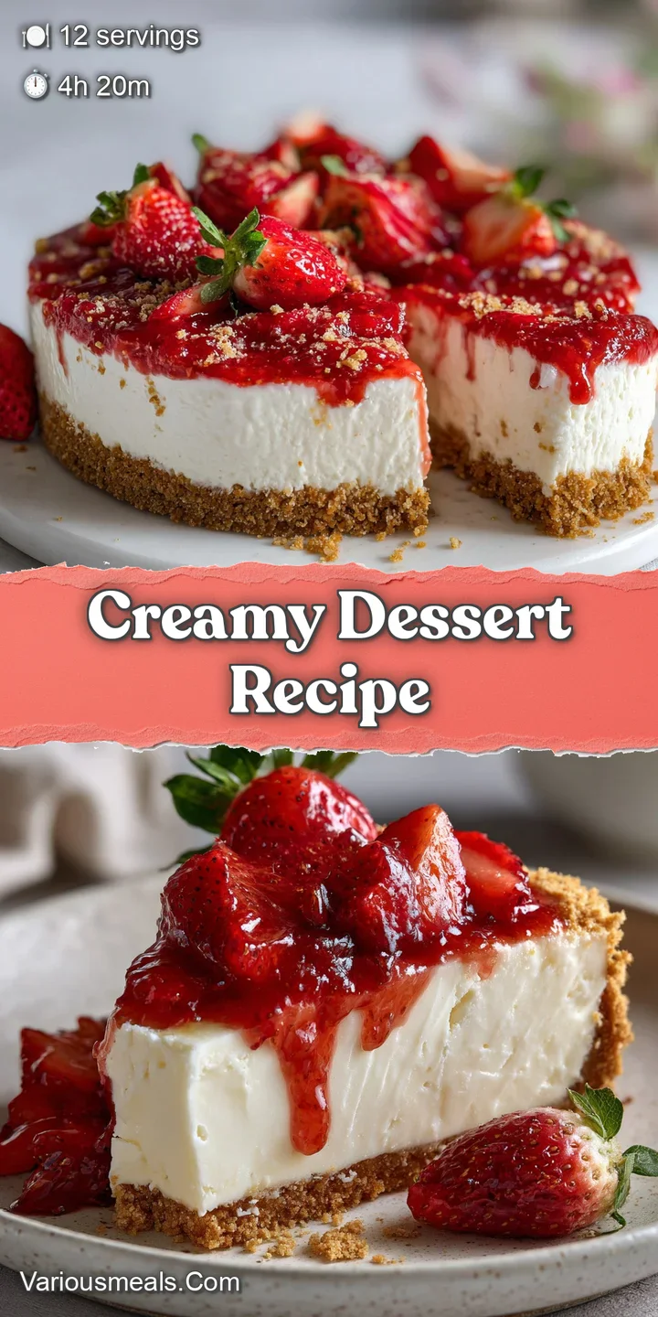 Close-up of a no-bake cheesecake showcasing the creamy texture, fresh strawberry juice, and crumbly graham cracker base.