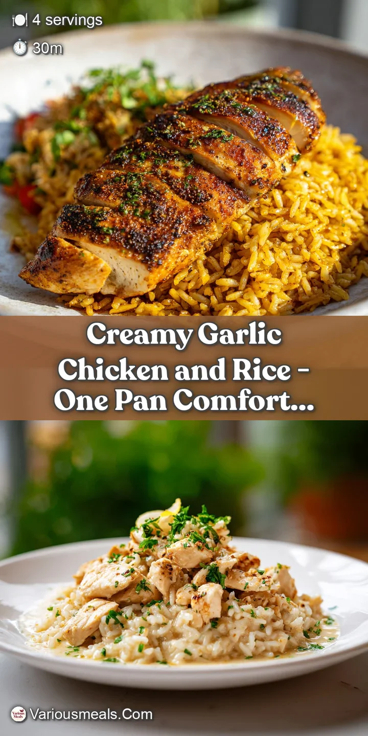 Close-up of creamy garlic chicken and rice. Notice glistening sauce and juicy chicken against a bed of white rice.