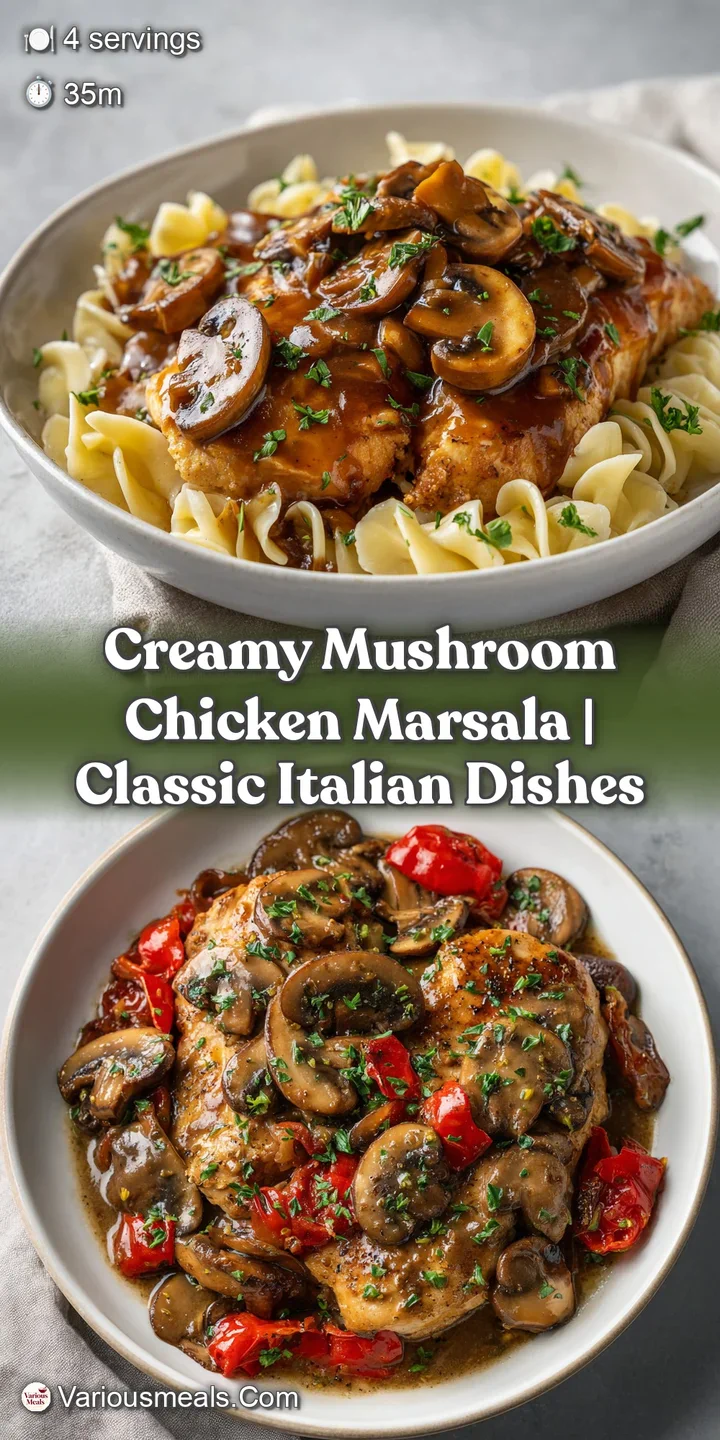 A close-up reveals tender chicken pieces coated in a velvety, dark Marsala sauce with earthy mushrooms.