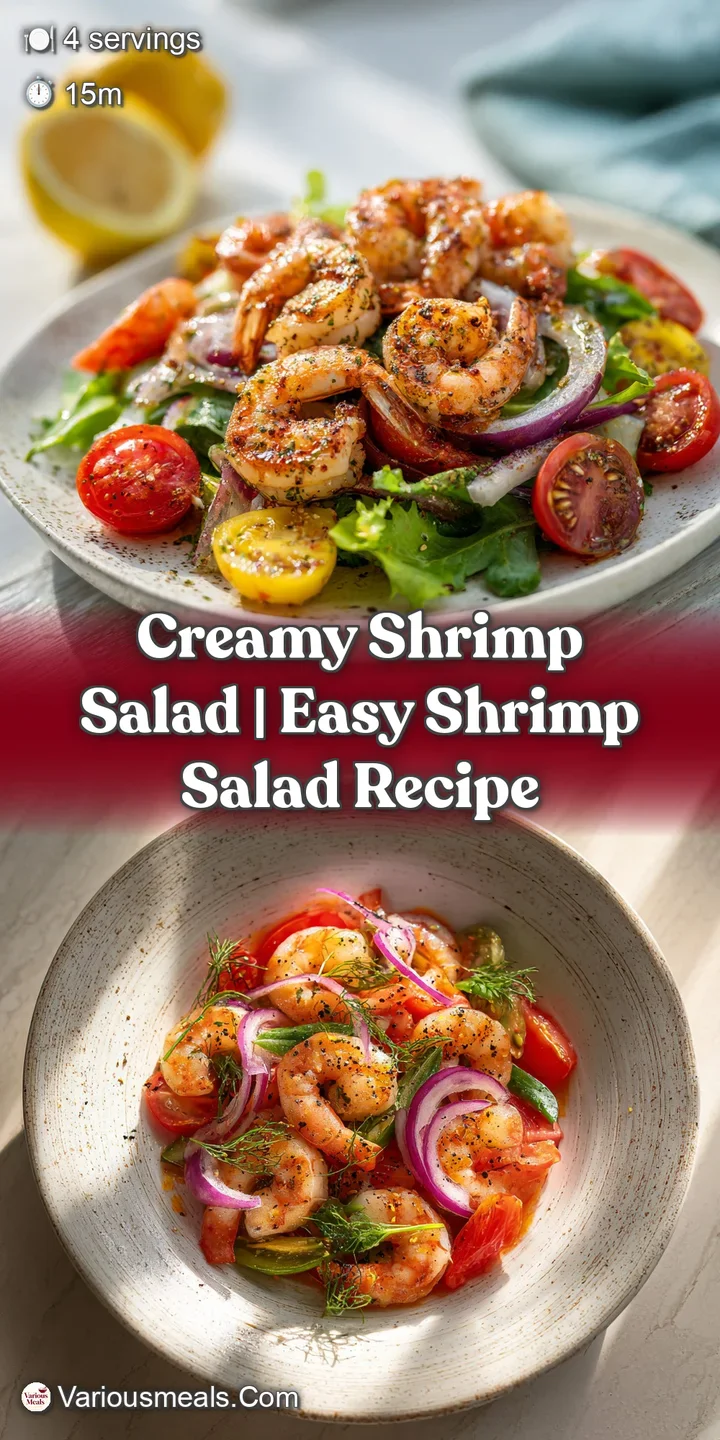 Juicy, plump pink shrimp glistening with a light, tangy dressing, surrounded by crisp green leaves and bright citrus.
