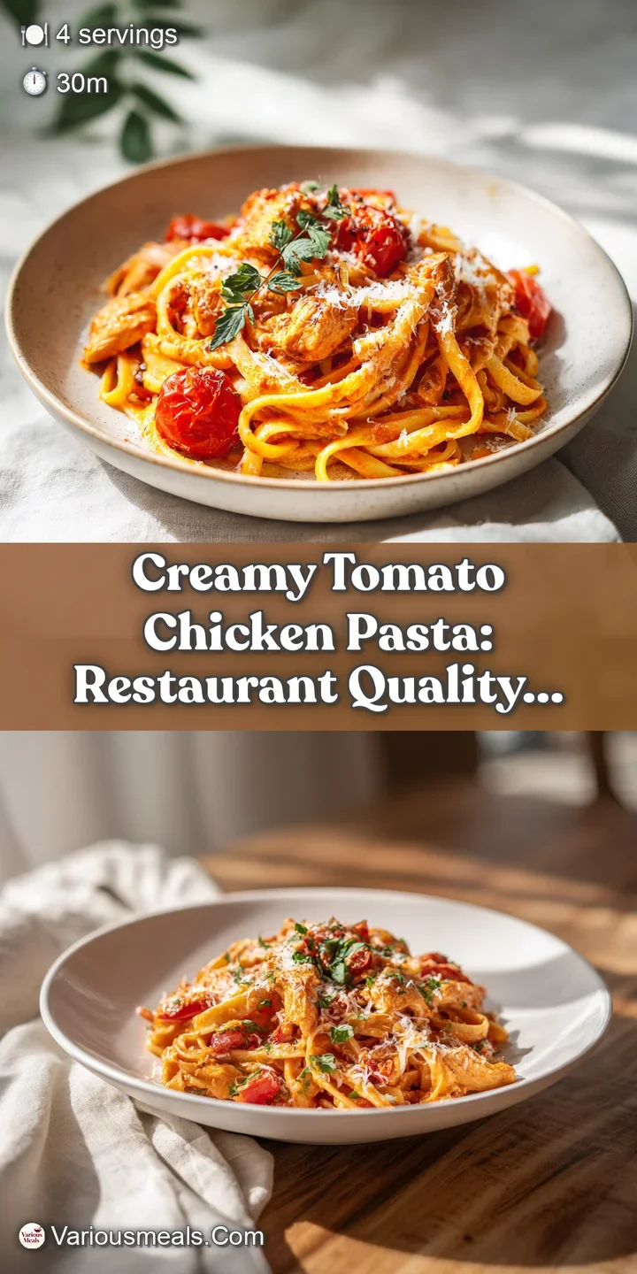 Close-up of tomato chicken pasta. Rich, creamy texture, bright red sauce clings to noodles, succulent chicken pieces. Fres...