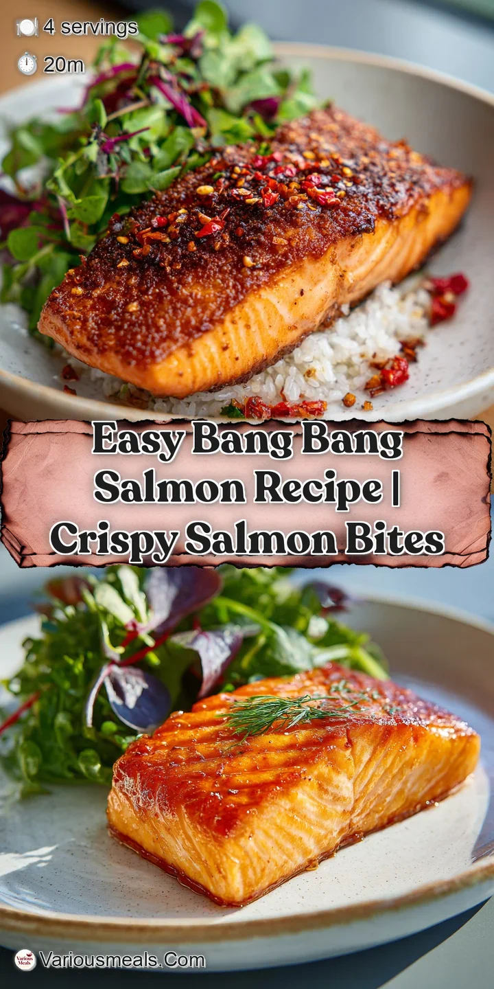 Close-up capturing the crispy texture and vibrant sauce of bang bang salmon, glistening and inviting, garnished with fresh...