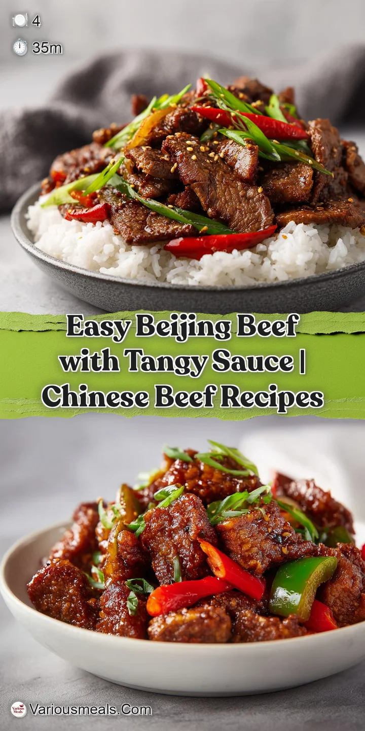 Close-up: shiny, sticky Beijing beef pieces with sesame seeds clinging, highlighting the crispy texture and rich, dark sauce.