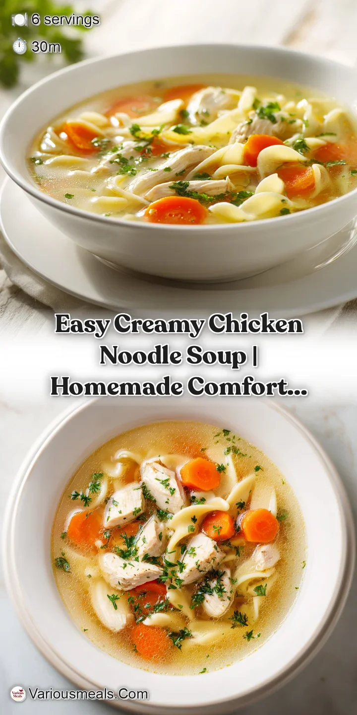 Close-up view of a spoonful of creamy chicken noodle soup, highlighting tender chicken and soft noodles.