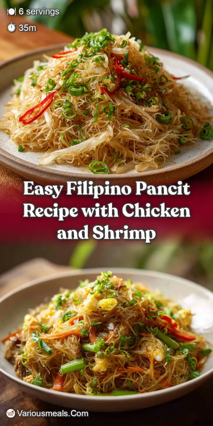 Close-up of glistening pancit. A medley of textures from tender noodles, crisp vegetables, and savory meat, a feast for th...