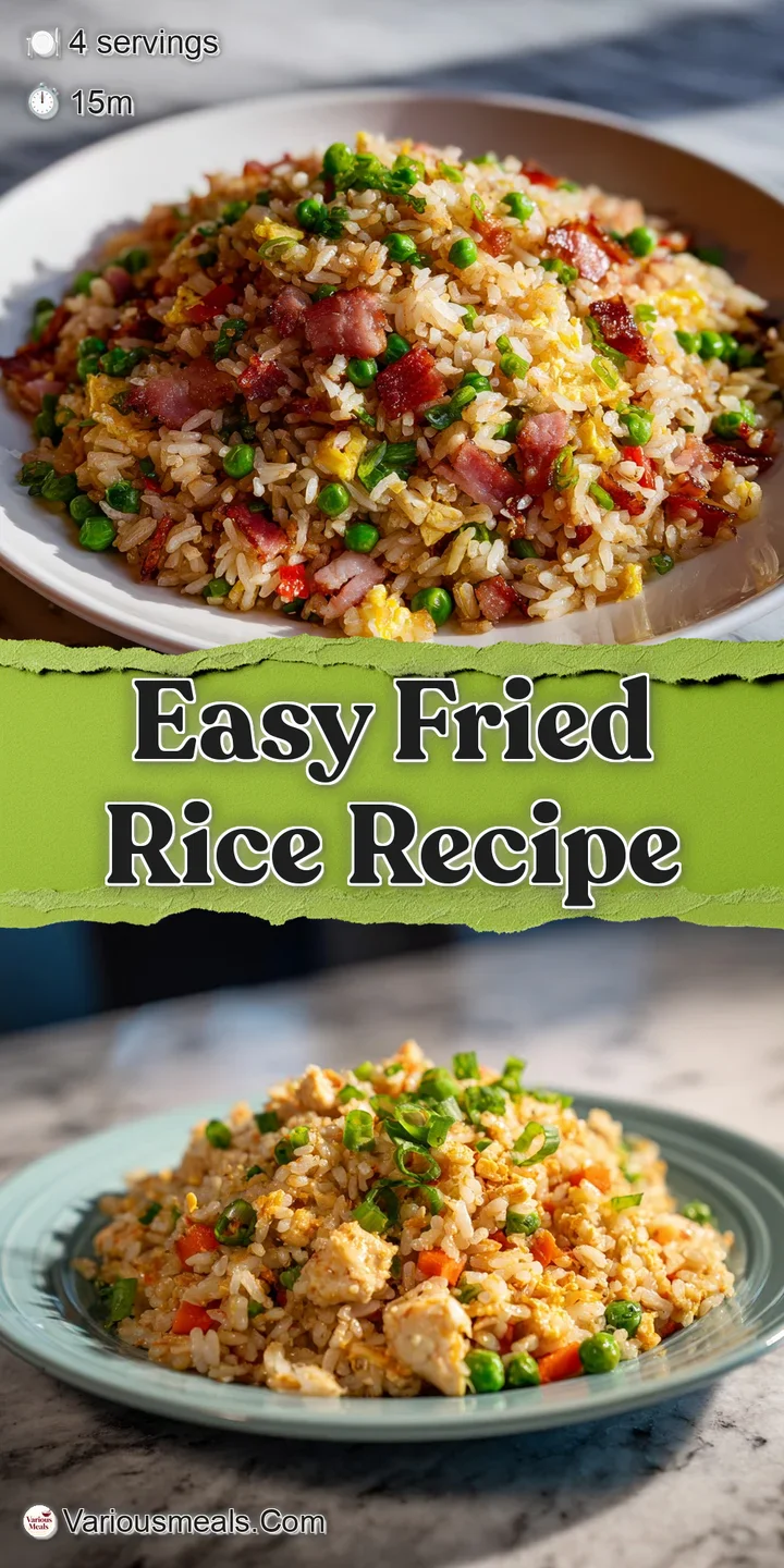 Close-up: Glistening grains of fried rice mingled with colorful diced carrots and peas create a texturally rich, appetizin...