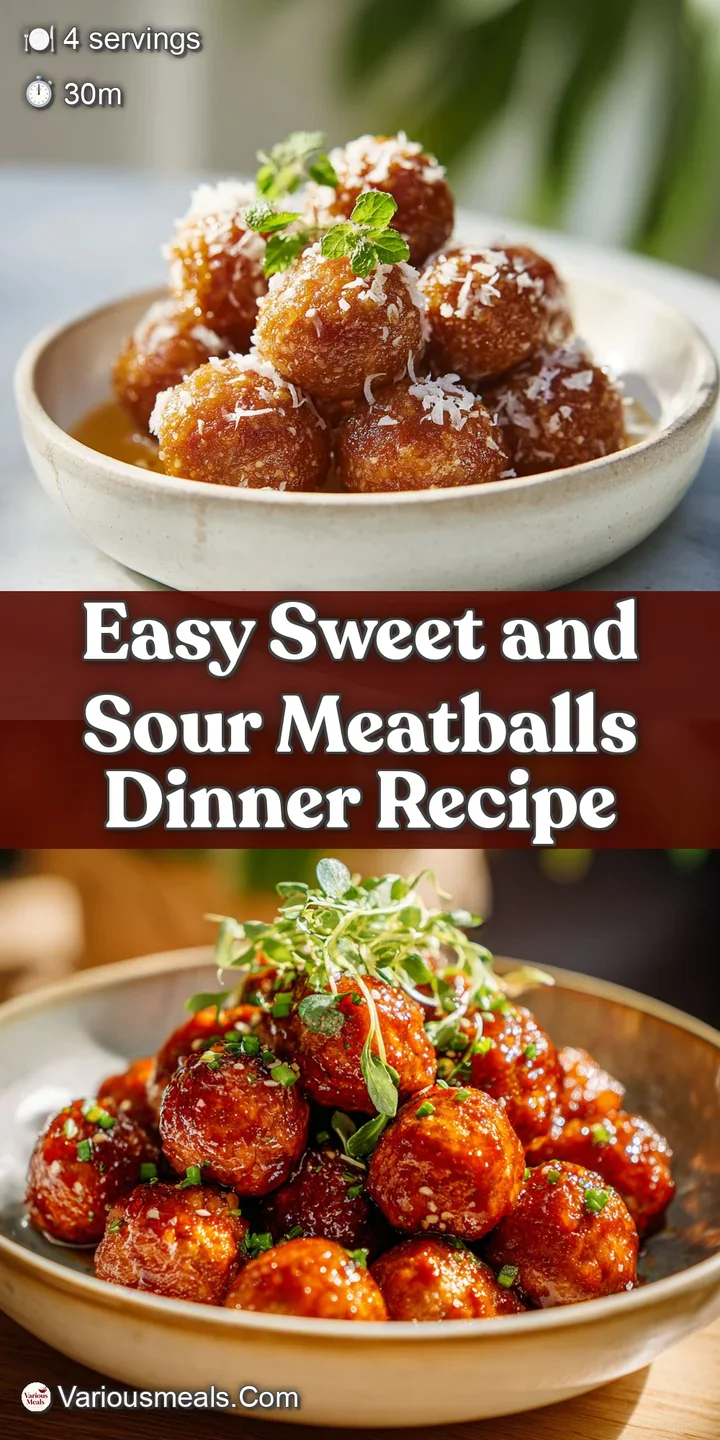 Close-up showcasing the texture of a plump meatball coated in tangy sweet and sour sauce. Steam suggests it's fresh and re...