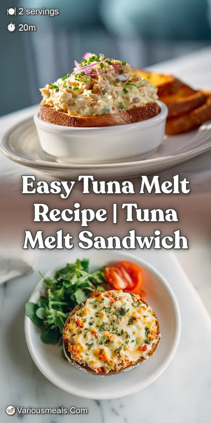 Close-up of a warm tuna melt with visibly melted cheese, flaked tuna, and toasted bread. Comfort food perfection.