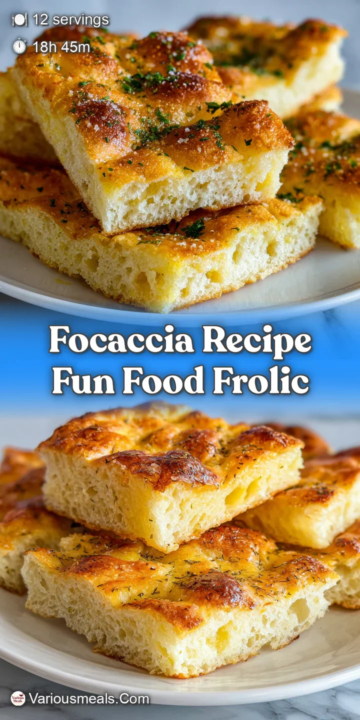 Close-up of focaccia showing its light and airy texture, crusty edges, and a generous topping of herbs and glistening oliv...