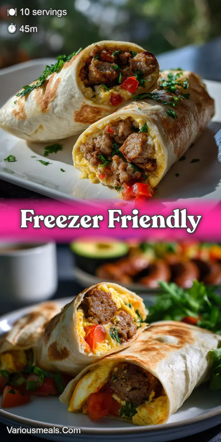 Close-up of a warm breakfast burrito; glistening melted cheese and chunks of sausage peek out from the soft, slightly cris...