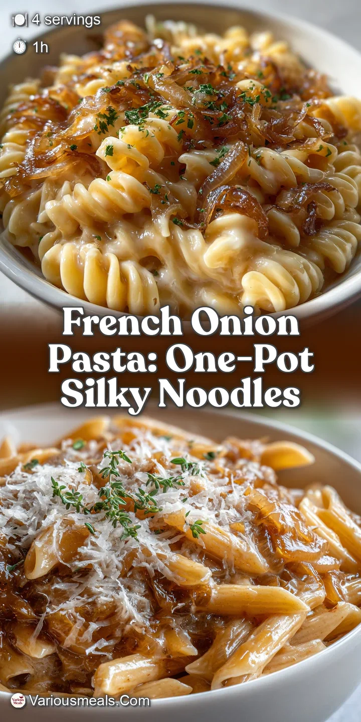 Close-up reveals al dente noodles swirled with savory onions. Glistening parmesan cheese hints at umami-rich flavor.