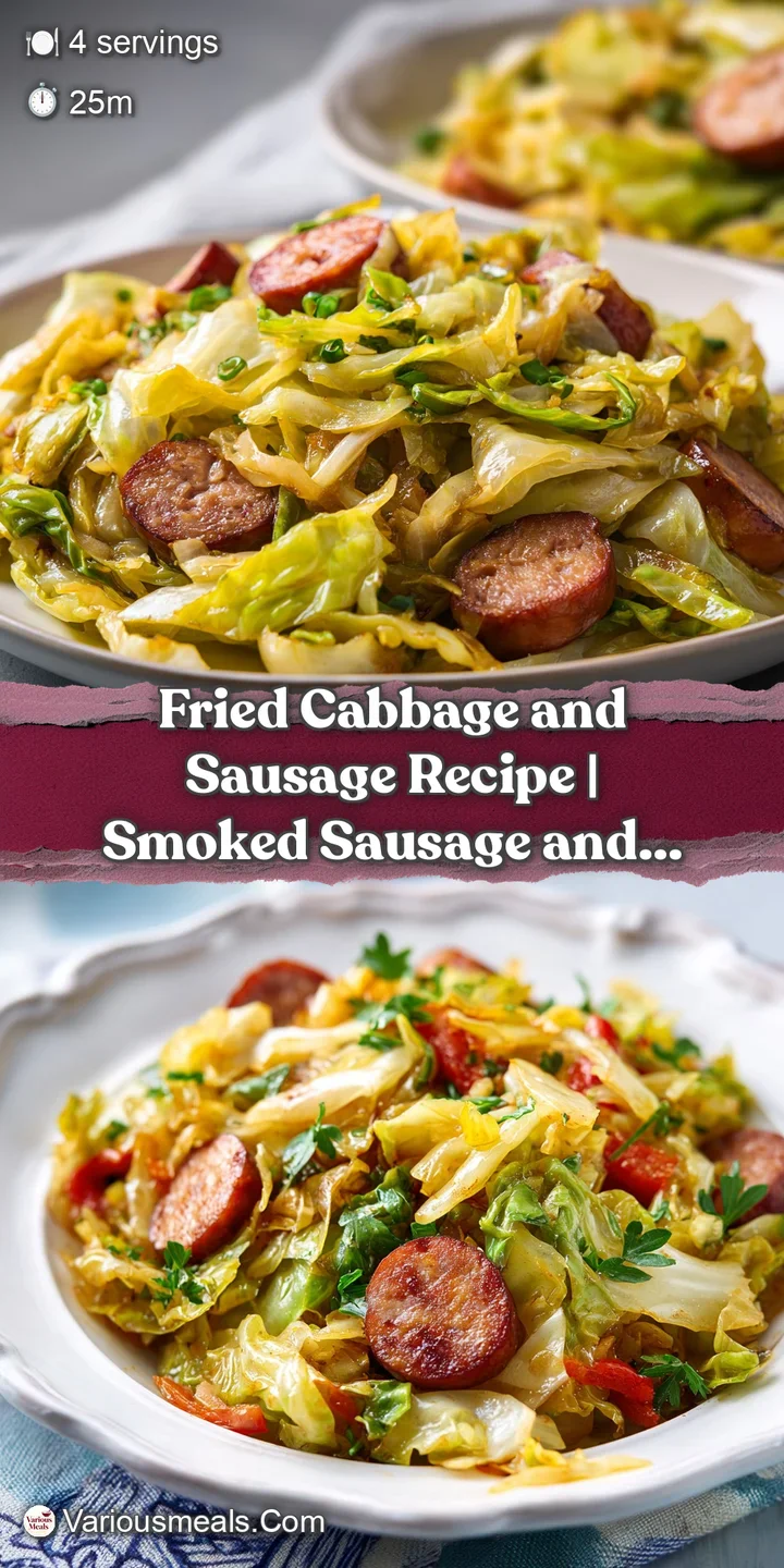 Close-up of fork-tender cabbage with vibrant green and golden-brown hues and savory sausage.