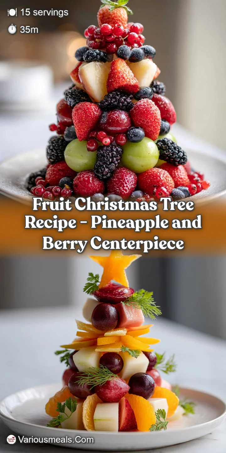 Close-up of the fruit Christmas tree, highlighting the textures of juicy strawberries, sweet pineapple, and firm green gra...