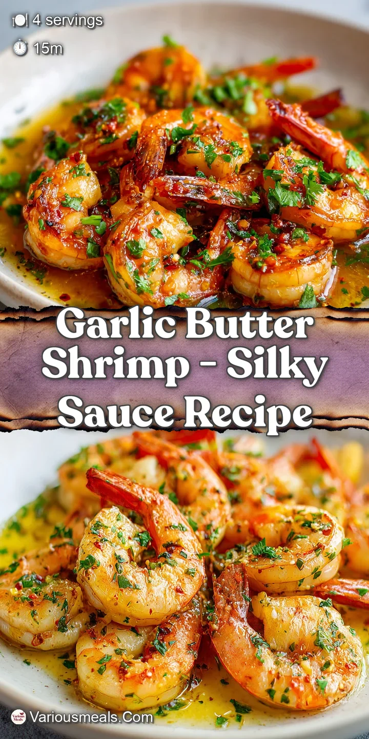 Close-up of plump, juicy shrimp shimmering in garlic butter, flecked with red pepper flakes, hinting at warm, savory, and ...