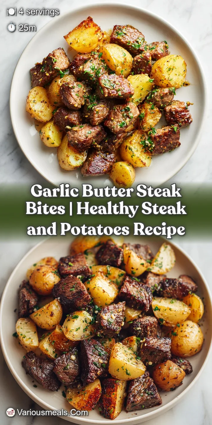 Close-up of tender, caramelized steak bites glistening with melted butter, next to fluffy potato chunks.