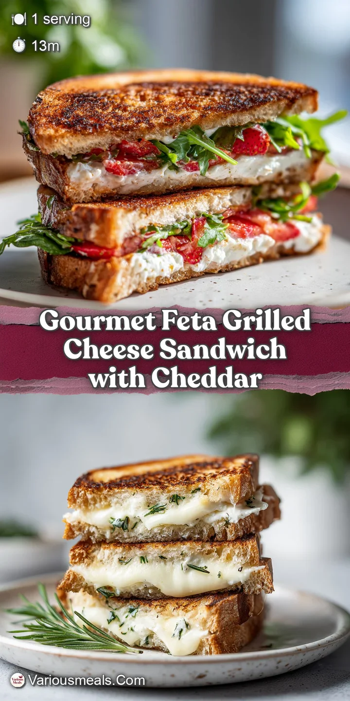 Close-up of a feta grilled cheese sandwich, with gooey cheese spilling out and toasted bread; warm, inviting comfort food.