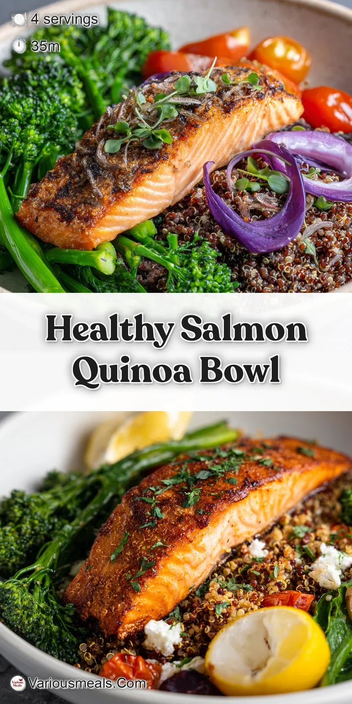 Close-up reveals moist, pink salmon over fluffy quinoa; a colorful mix of textures makes this bowl look fresh and satisfying.