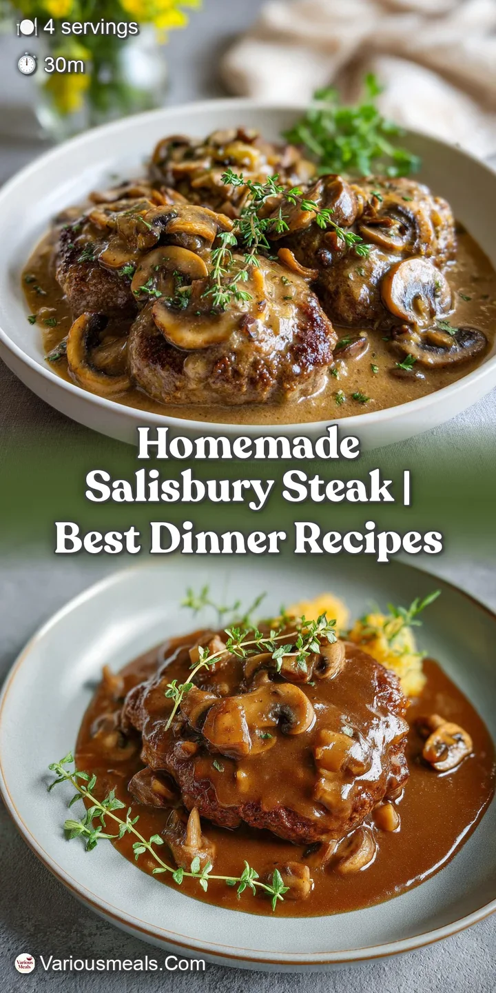 Close-up of a tender Salisbury steak slice smothered in creamy, herb-flecked mushroom gravy, ready to be savored.