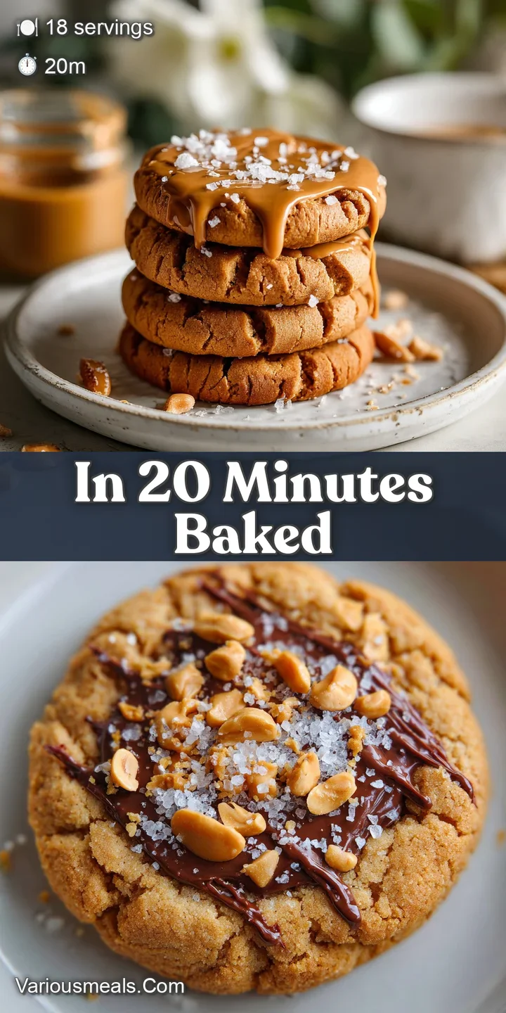 Close-up of a freshly baked peanut butter cookie revealing a soft, chewy interior and sparkling sea salt granules on top.