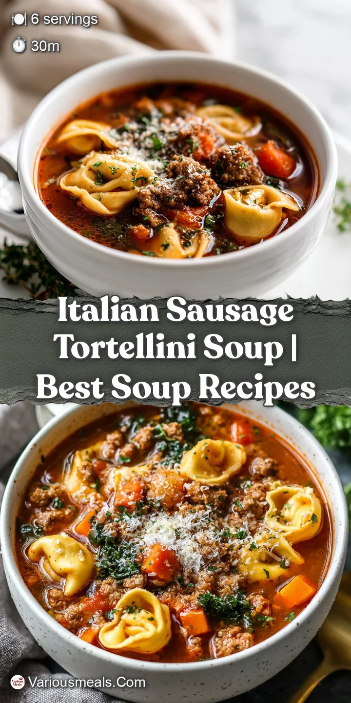 Close-up of plump tortellini in a rich, bubbling broth with visible pieces of Italian sausage and herbs.