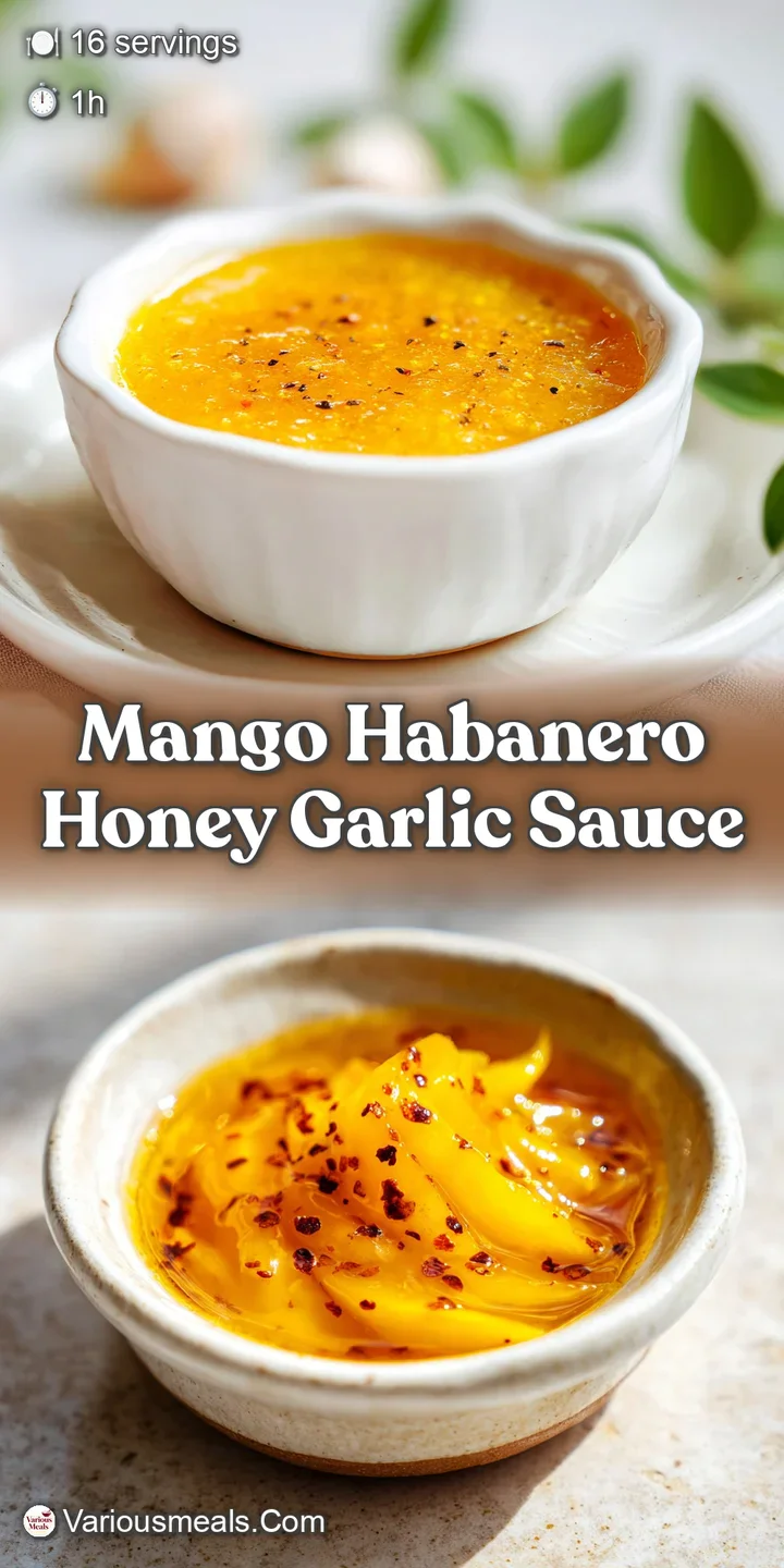 Up close, the glistening texture of this mango habanero sauce shows both smooth honey and vibrant, finely diced peppers.