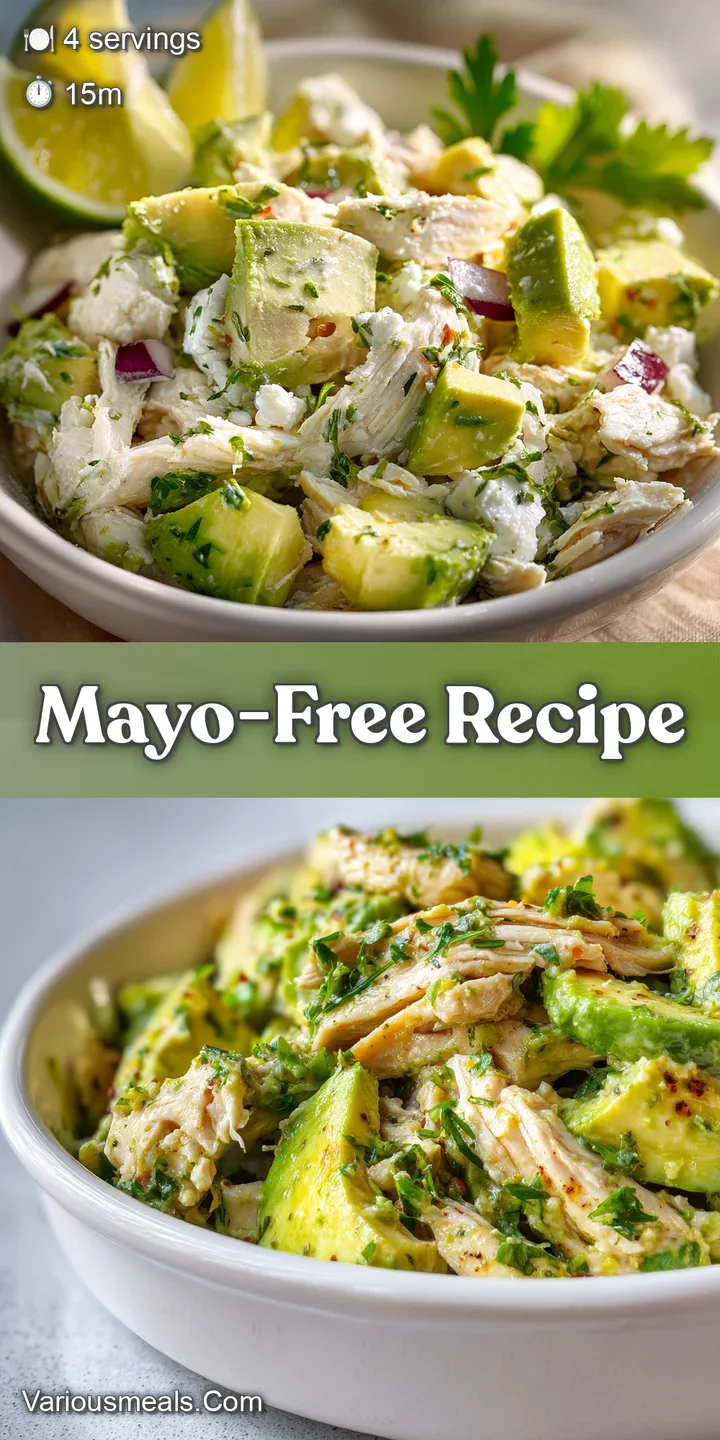 Close-up shows the creamy texture of the chicken salad with chunks of tender chicken and the smooth, green of fresh avocad...