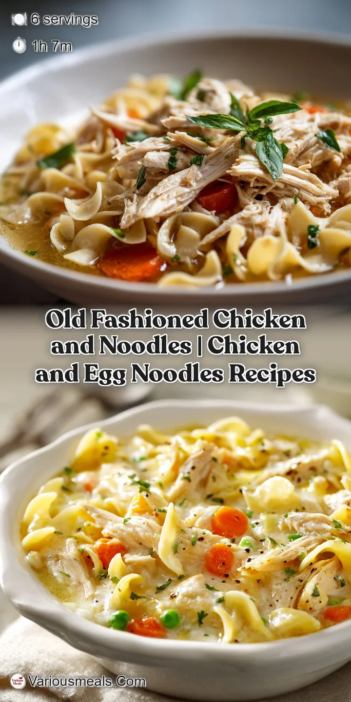 Close-up of succulent, shredded chicken nestled in creamy noodles, with a glistening, warm broth.