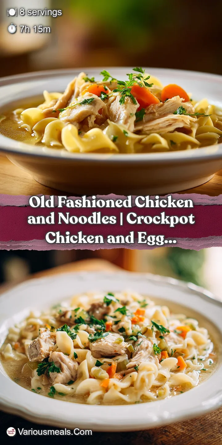 Close-up of tender shredded chicken and plump noodles in a savory, golden broth, steam rising.