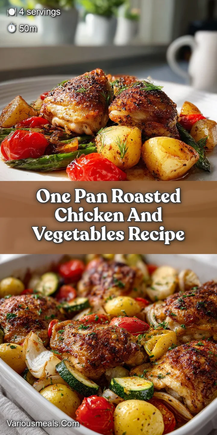 Close-up shows juicy chicken thigh with crispy, browned skin; savory juices mingle with vibrant roasted vegetables like ca...