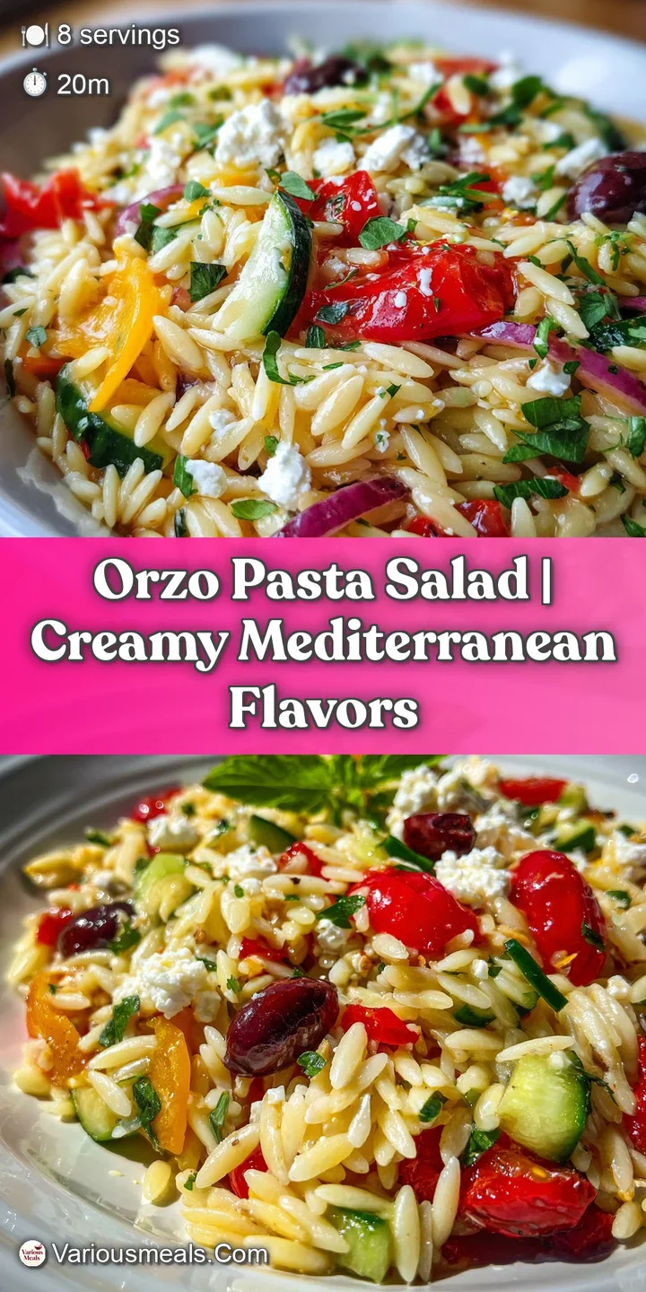 Up close, creamy orzo pasta salad. A medley of juicy tomatoes, cool cucumbers, salty feta, and a velvety dressing visible.