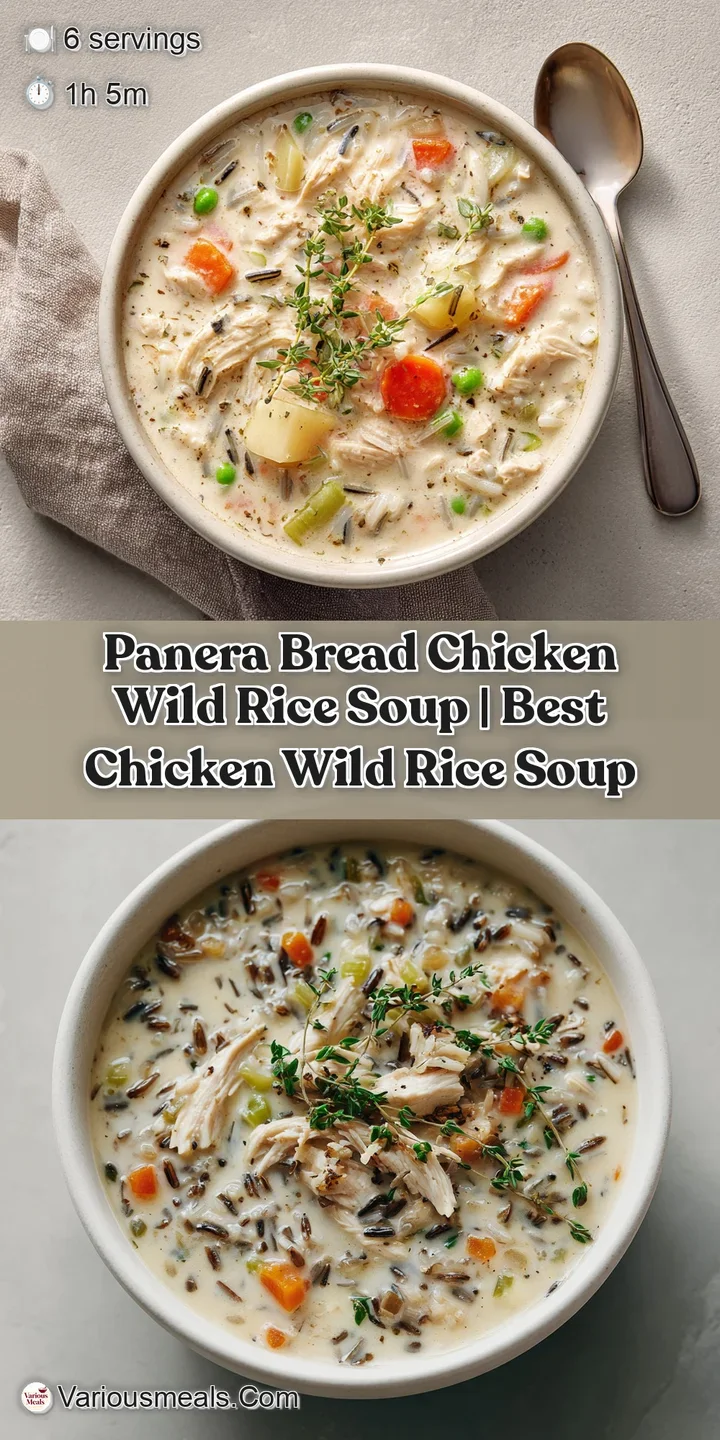 Close-up of creamy chicken wild rice soup with visible chunks of chicken and grains, rich and inviting.